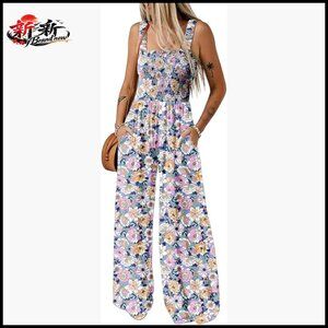 Sleeveless Printed Wide Leg Jumpsuit with Pockets, Loose Fit